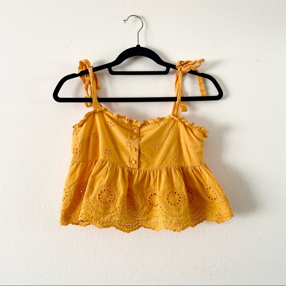 Urban Outfitters gold yellow crop top ruffle tie straps embroidered small blouse - Picture 4 of 5
